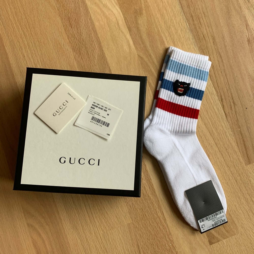 New Gucci puma patch striped blue red socks sz Medium - Picture 1 of 12